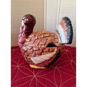 Vintage Ceramic Turkey Tureen Thanksgiving Lidded Serving Dish Glossy Brown 7in
